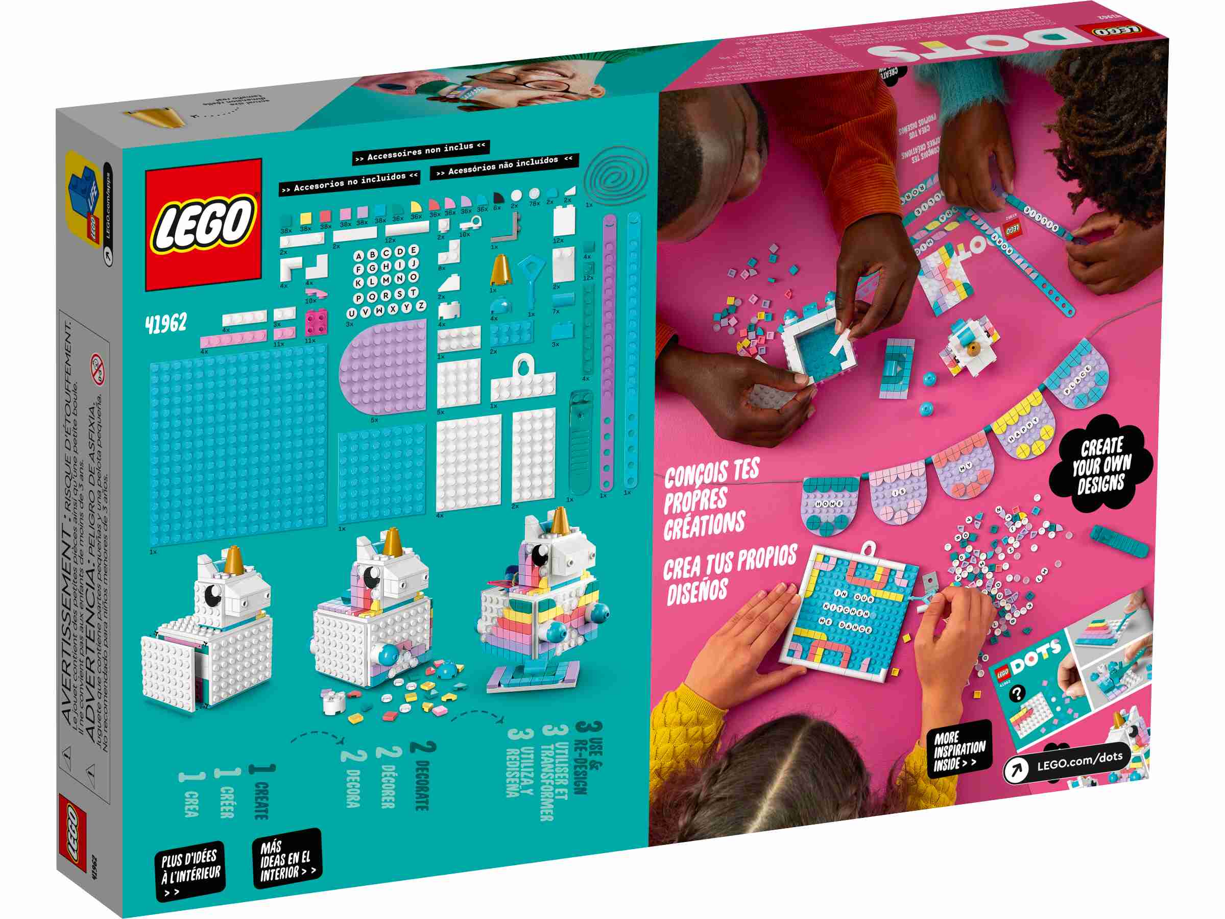 LEGO 41962 DOTS Einhorn Familienkreativset, Spielzeug, mit Schmuckkästchen