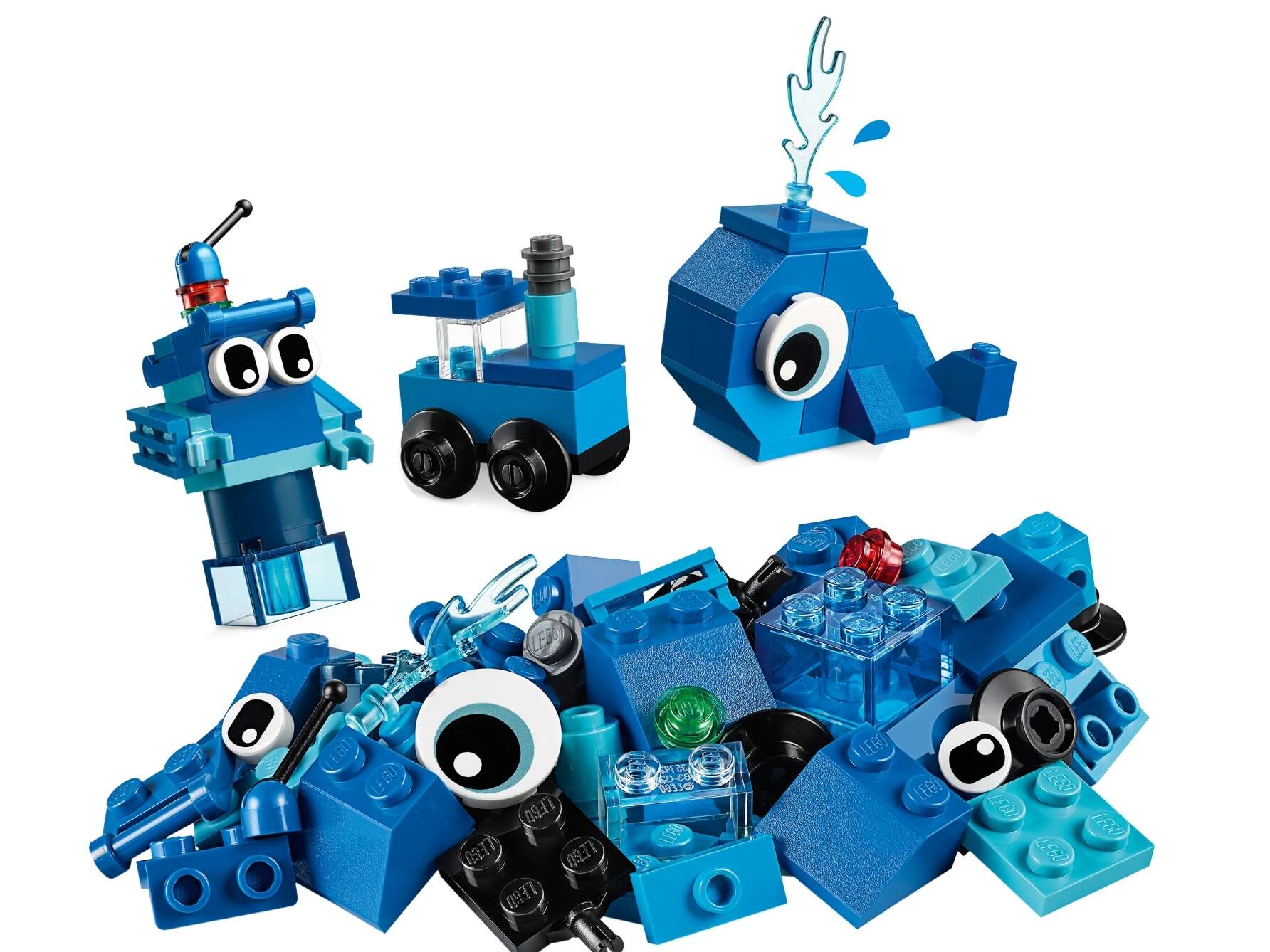 LEGO 11006 Classic Blaues Kreativ-Set, mit Spielzeug-Wal, Zug und Roboter