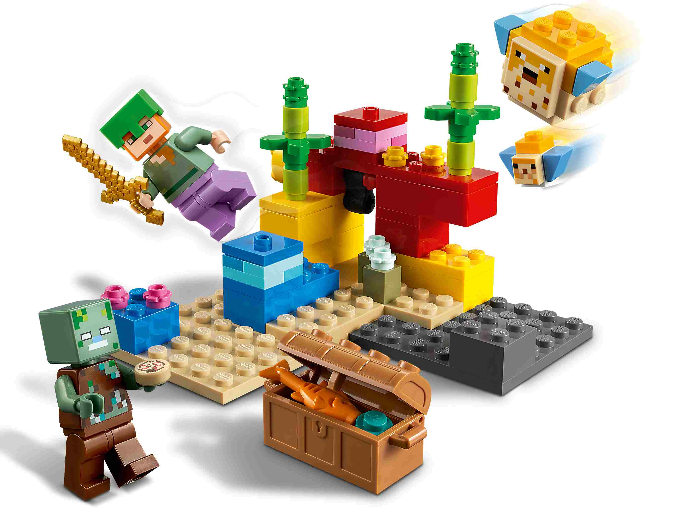 LEGO 21164 Minecraft Das Korallenriff Bauset mit Alex, 1 Ertrunkener, 2 Fische