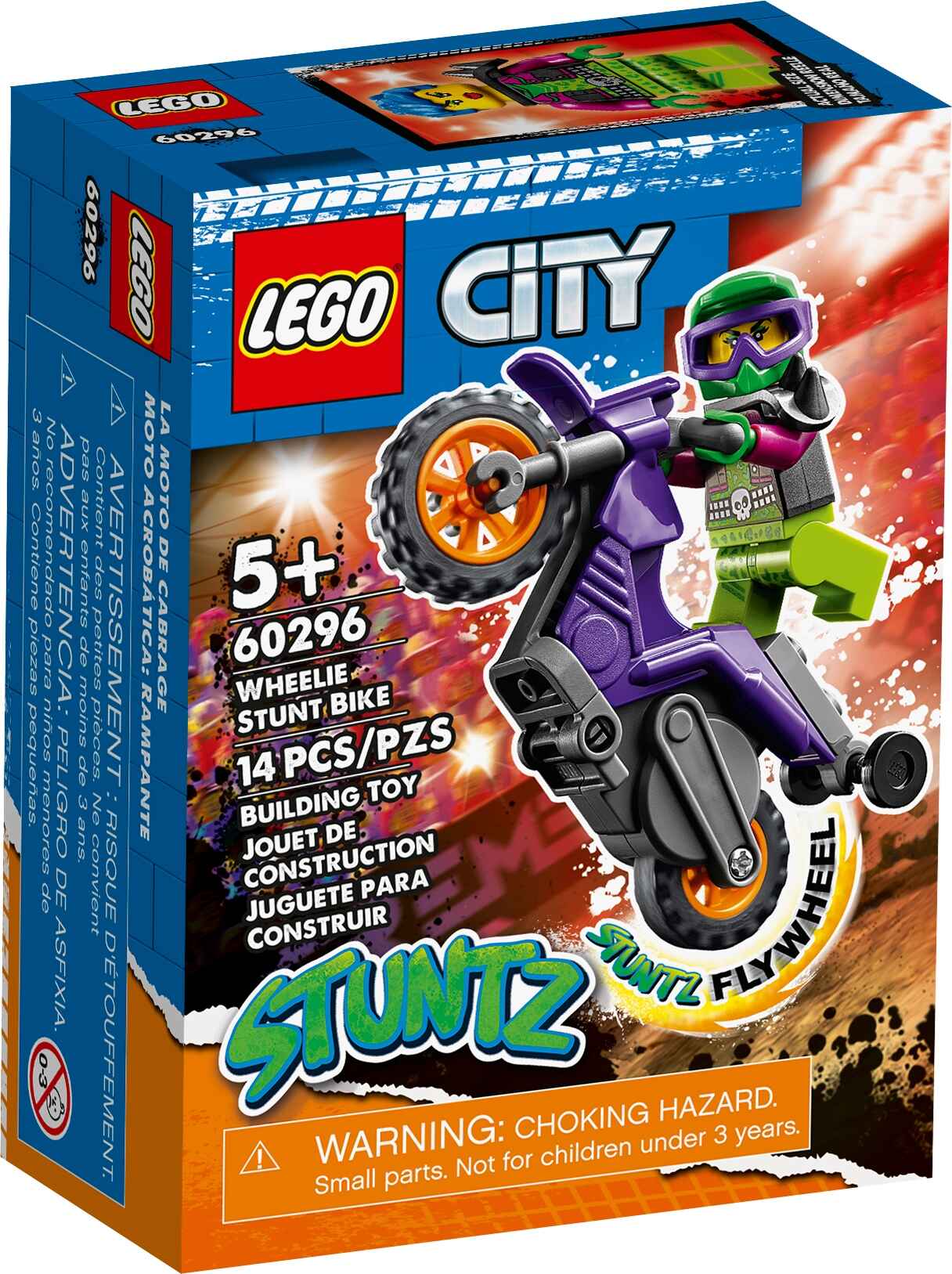 LEGO 60296 City Stuntz Wheelie-Stuntbike Set, Schwungradantrieb, 1 Minifigur