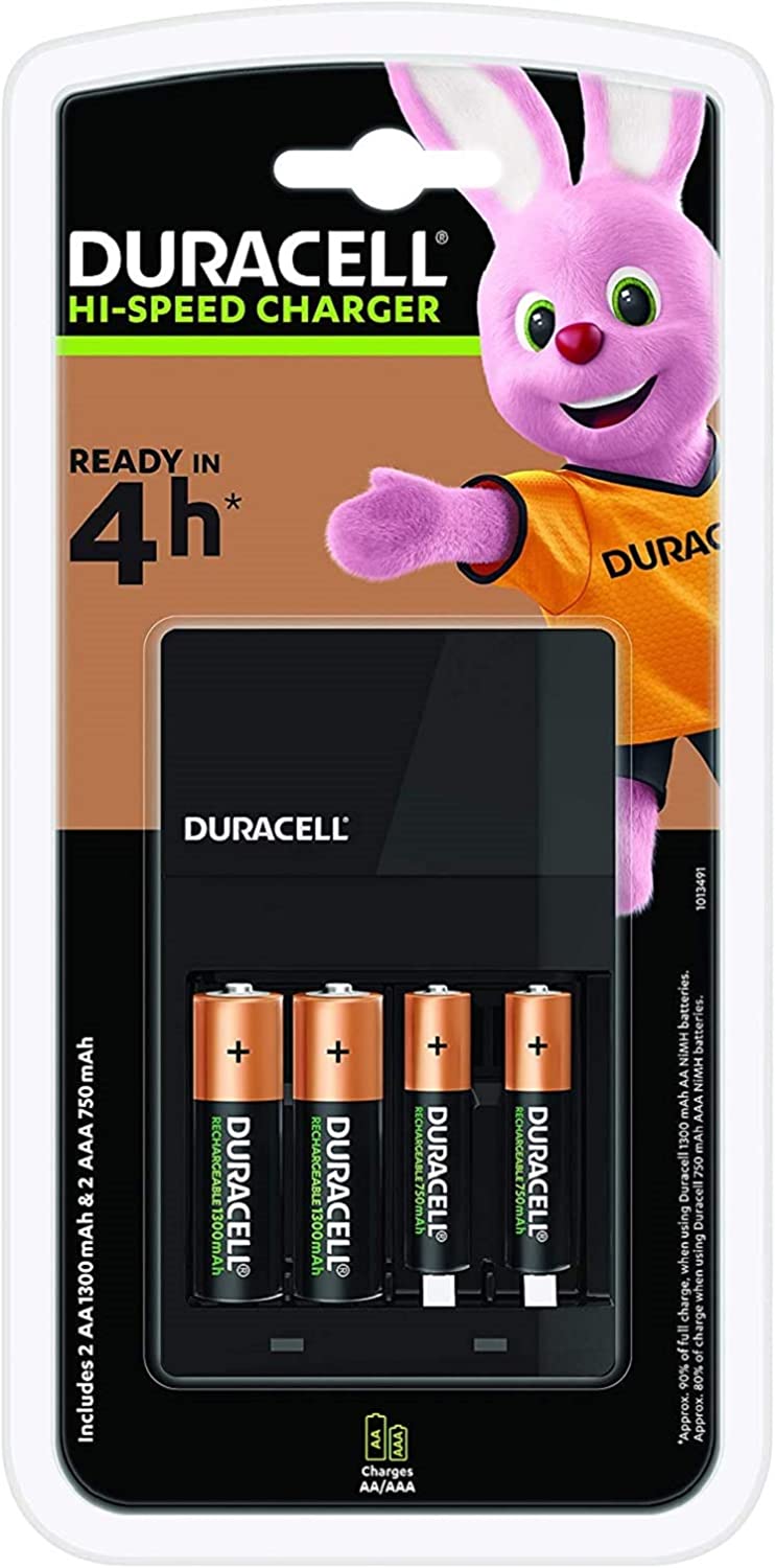 Duracell CEF14 4-Stunden-Ladegerät, mit wiederaufladbaren Batterien, AA+AAA