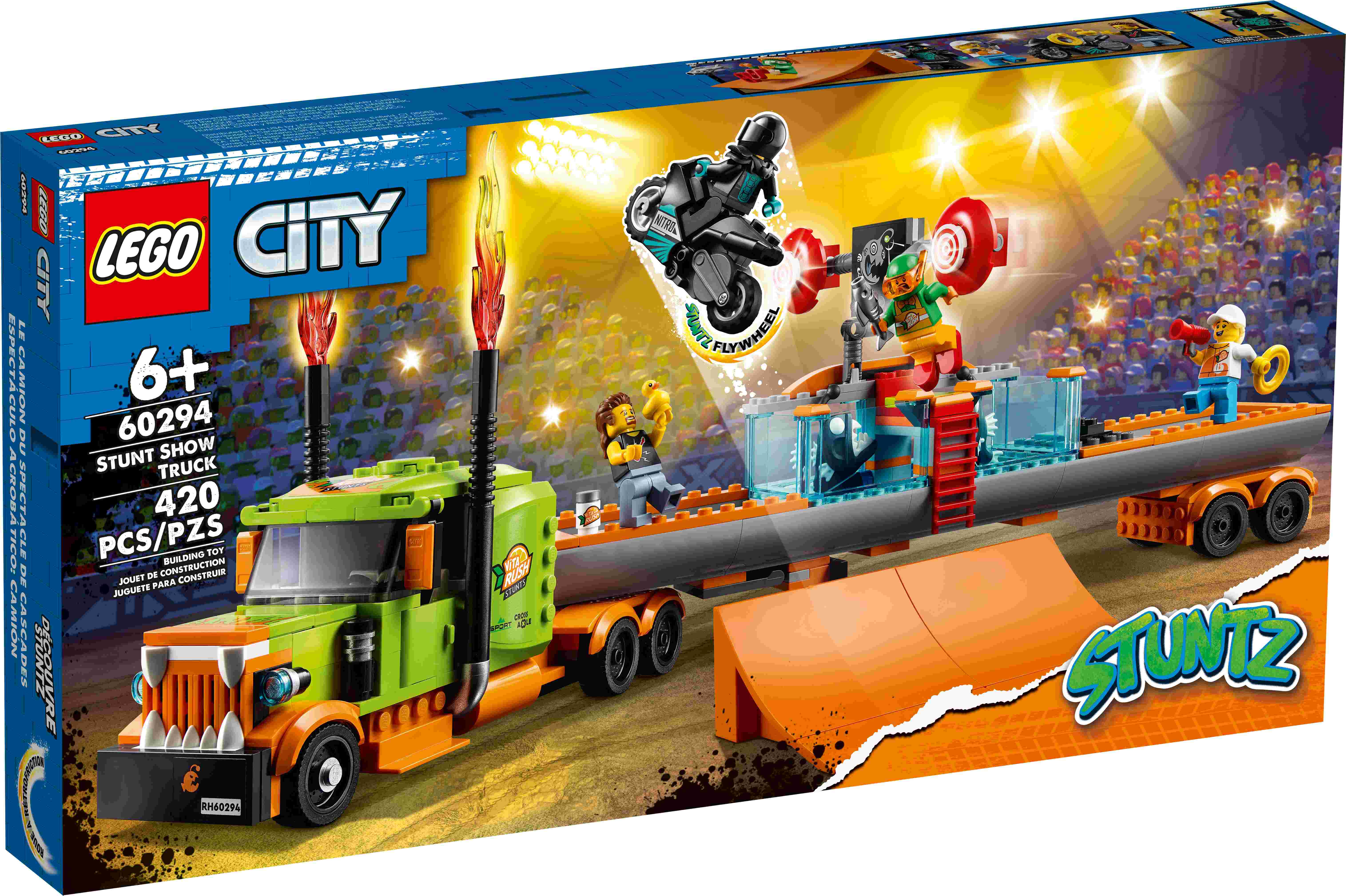 LEGO 60294 City Stuntz Stuntshow-Truck, Stuntbike mit Schwungrad, 4 Minifiguren