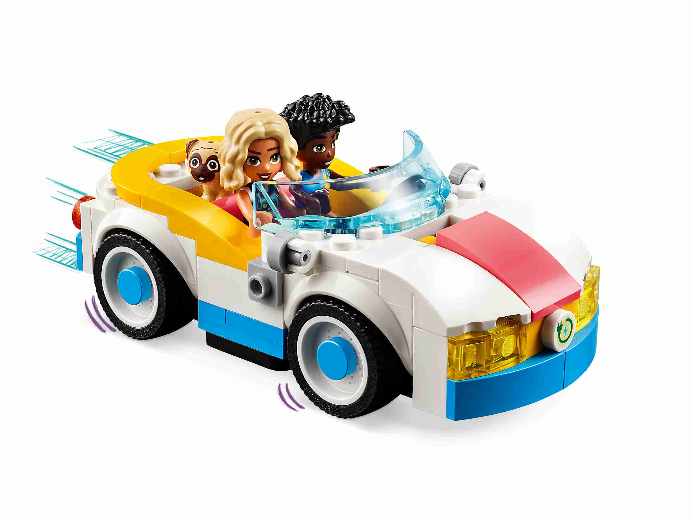 LEGO 42609 Friends E-Auto mit Ladestation, 2 Spielfiguren, Hund Dango, Picknick