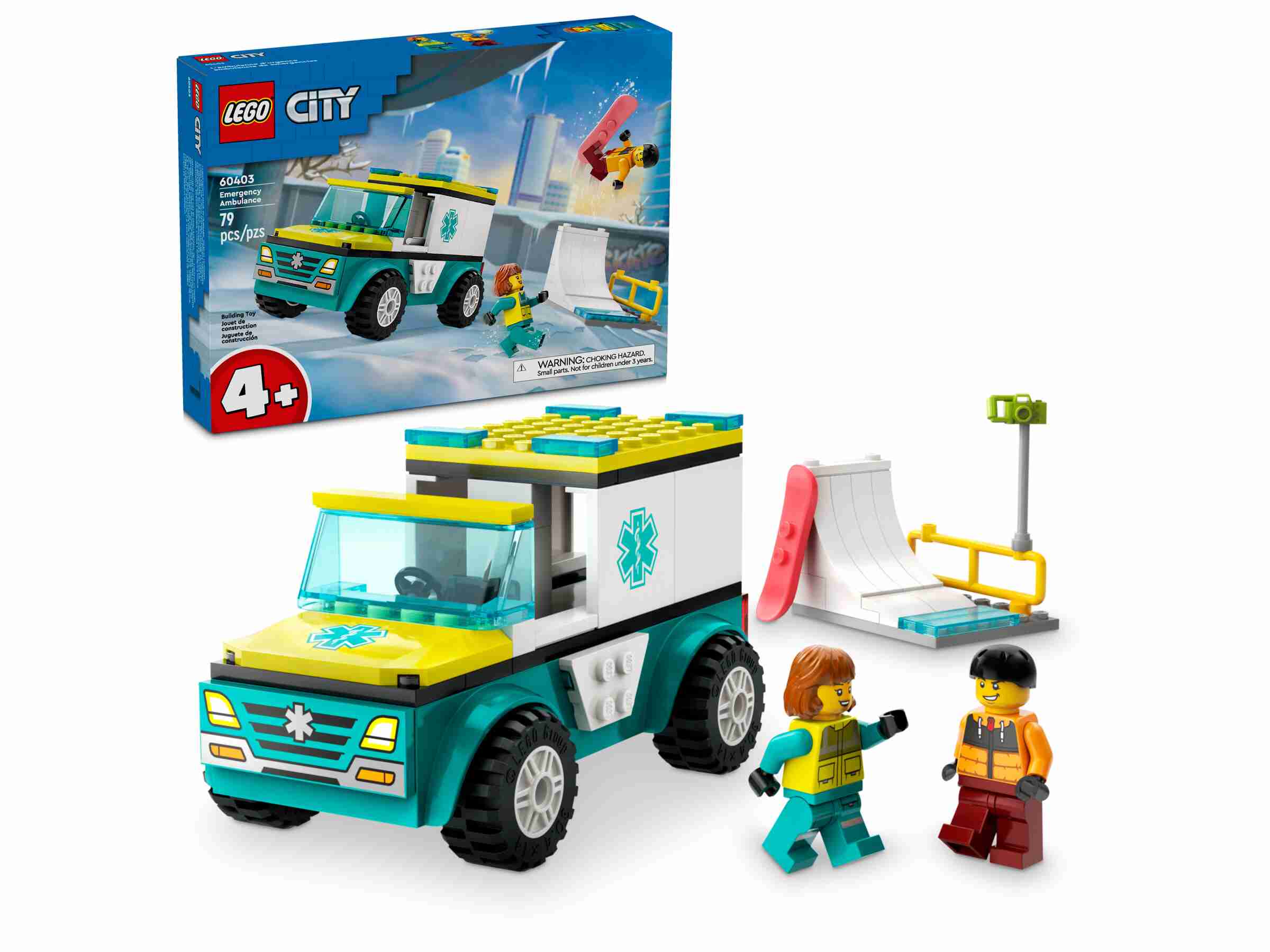 LEGO 60403 City Rettungswagen und Snowboarder, 2 Minifiguren, Skatepark