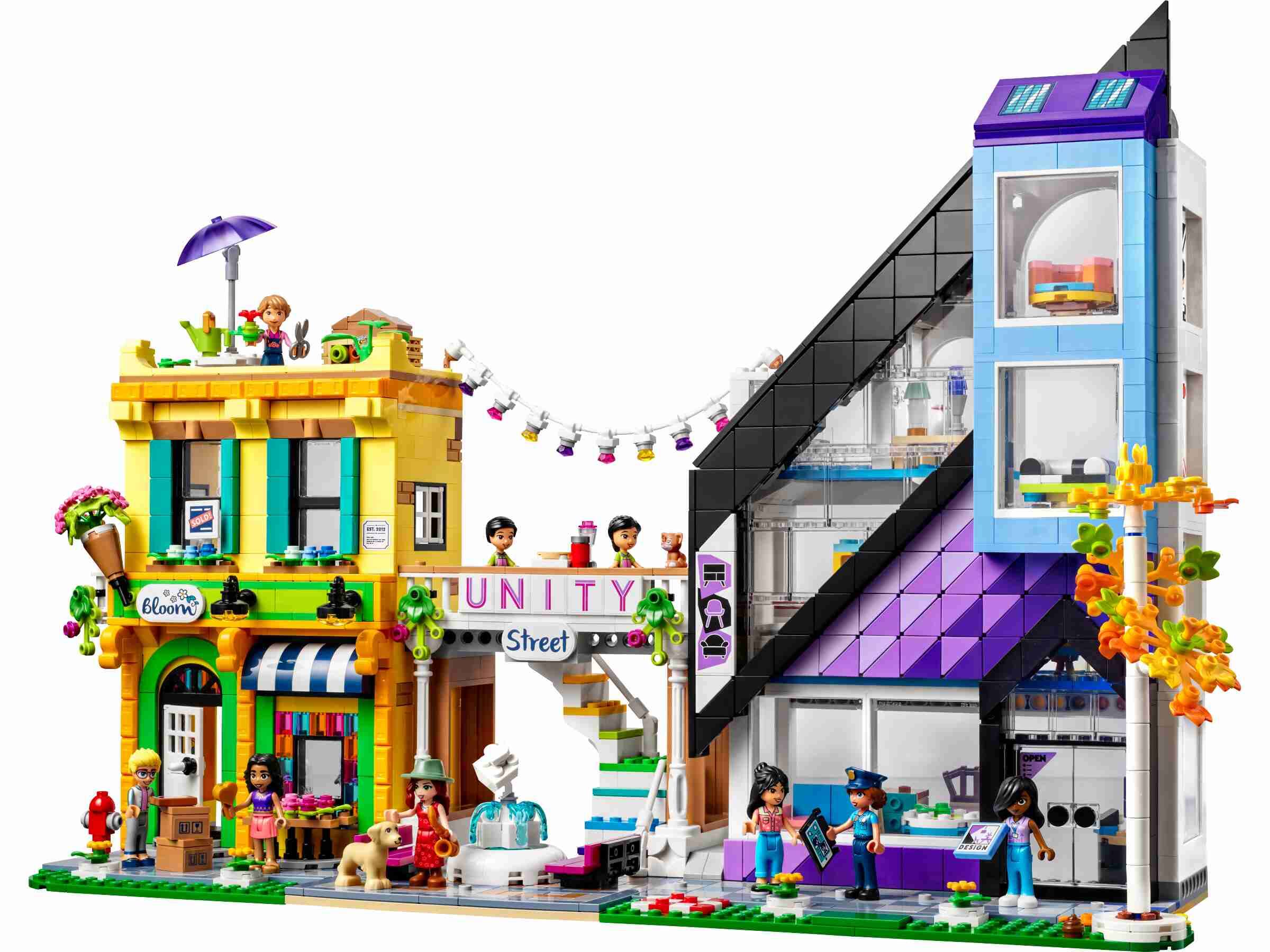 LEGO 41732 Friends Stadtzentrum, 9 Charaktere, 2 Tierfiguren, Blumenladen