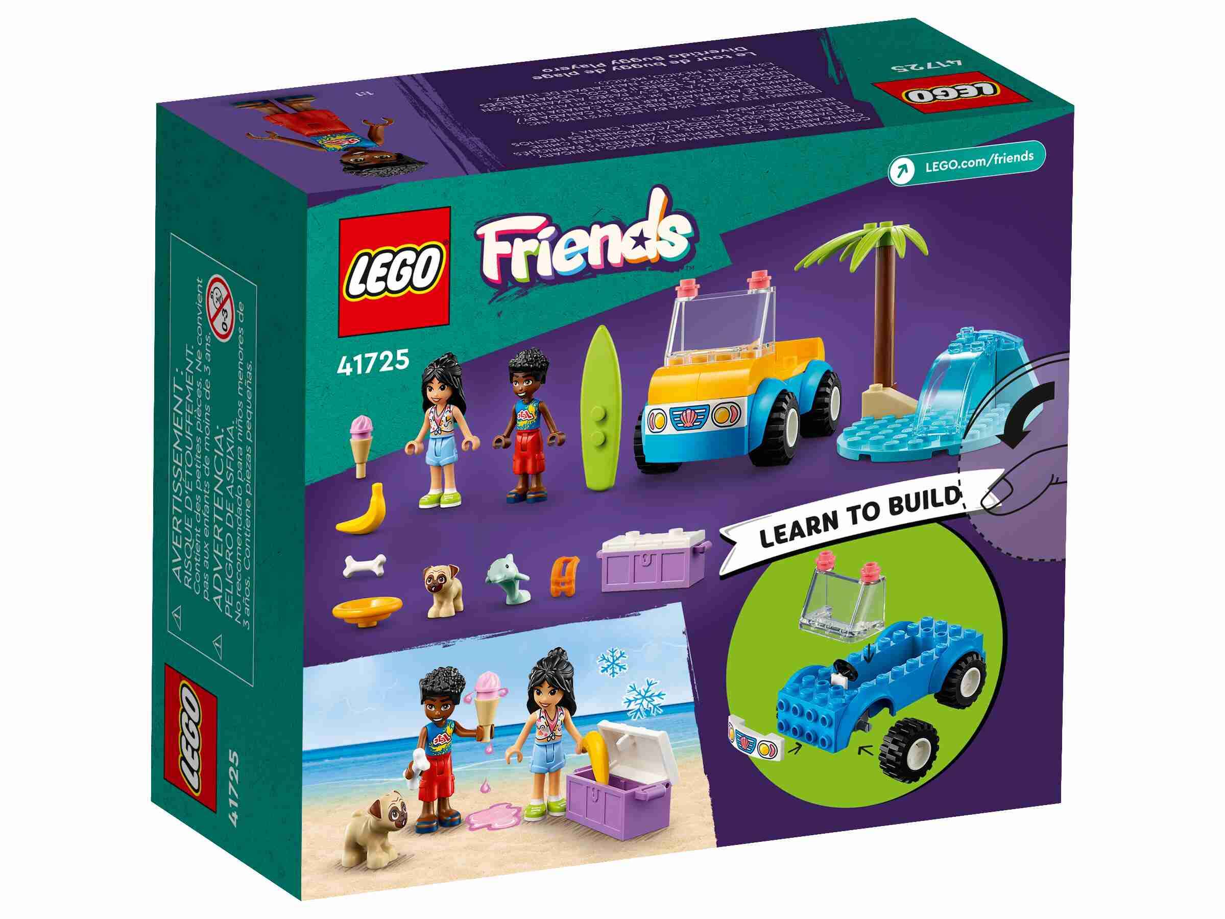 LEGO 41725 Friends Strandbuggy-Spaß, 2 Spielfiguren, Mops und Delfin
