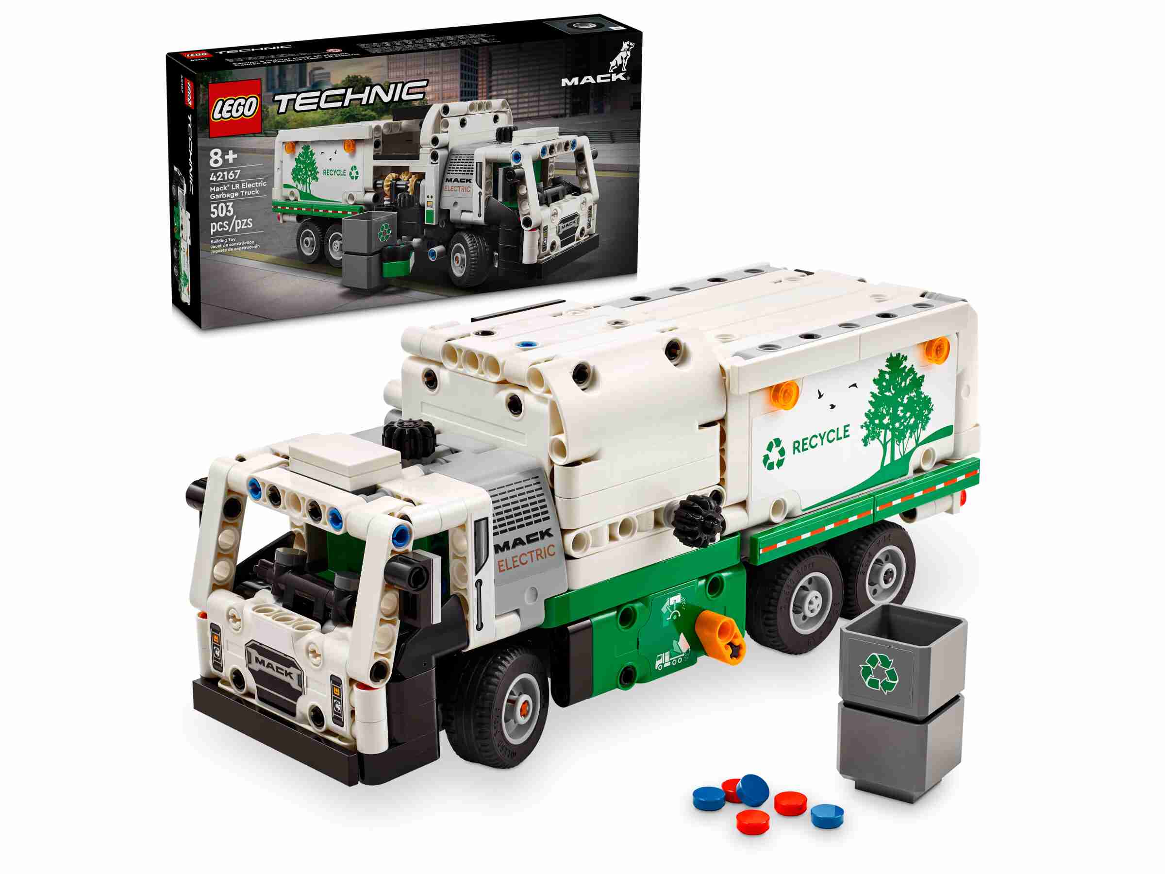 LEGO 42167 Technic Mack LR Electric Müllwagen, Seitenlader, Mülltonnen