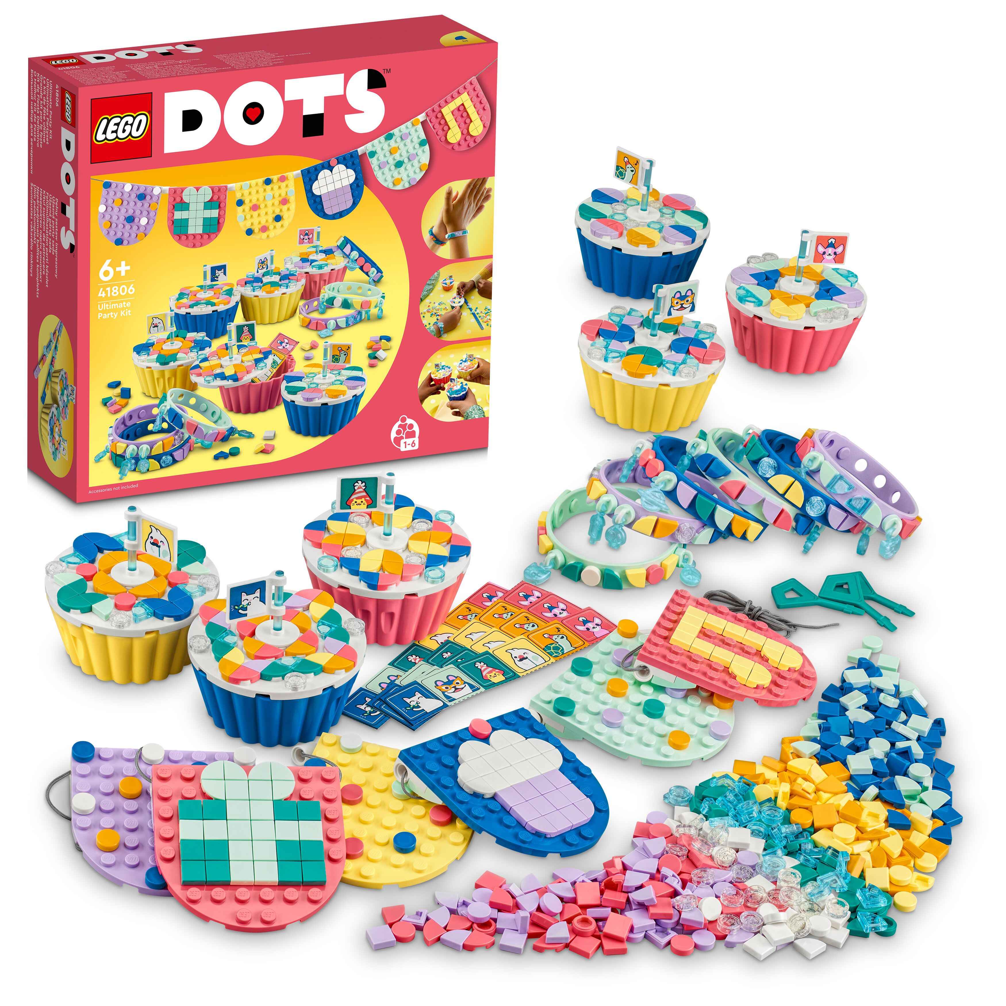 LEGO 41806 DOTS Ultimatives Partyset, 6 Armbänder, 6 Wimpel, 6 Cupcakes