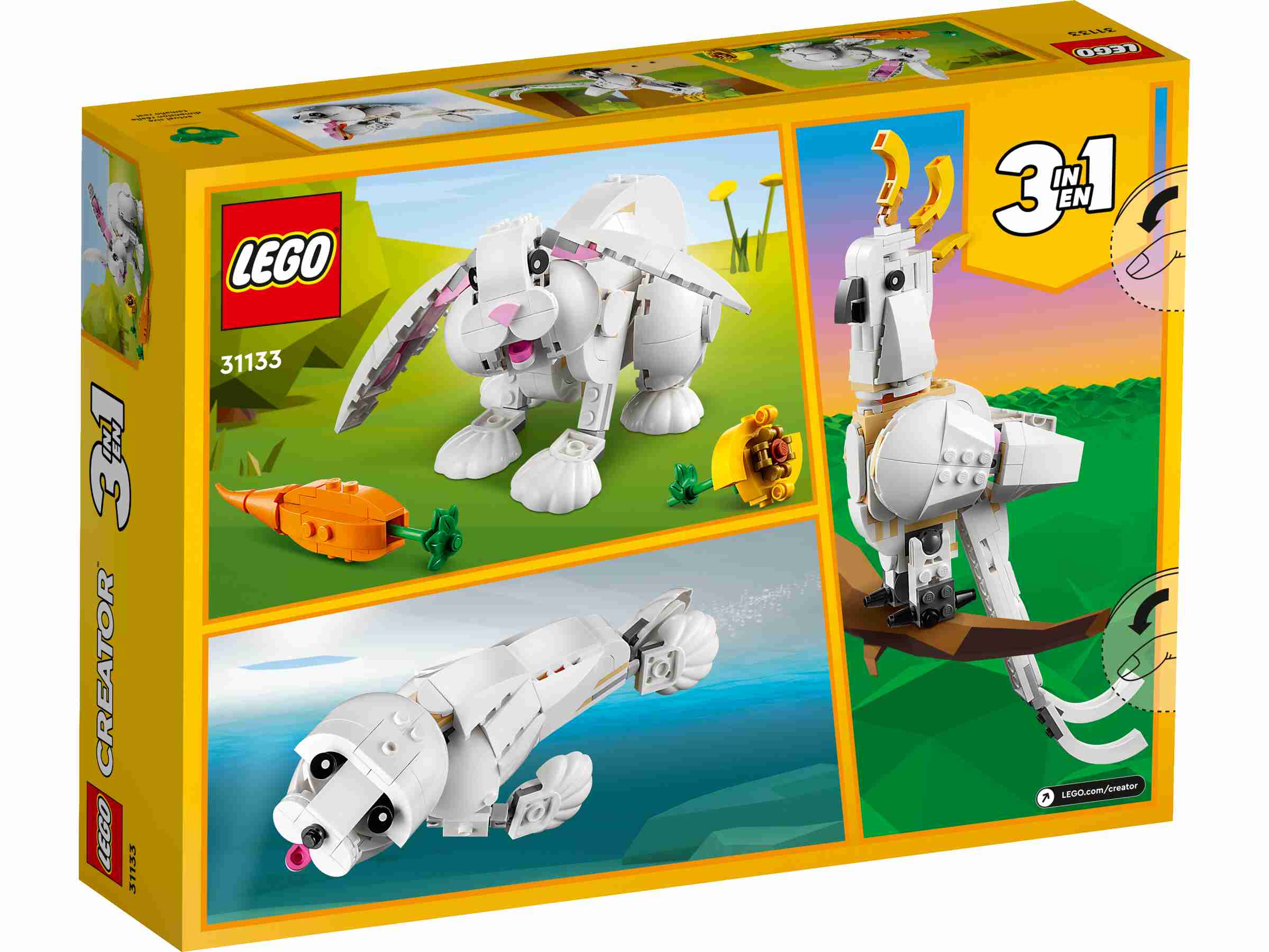LEGO 31133 Creator 3-in-1 Weißer Hase, Kakadu, weiße Robbe, Bewegliche Tiere