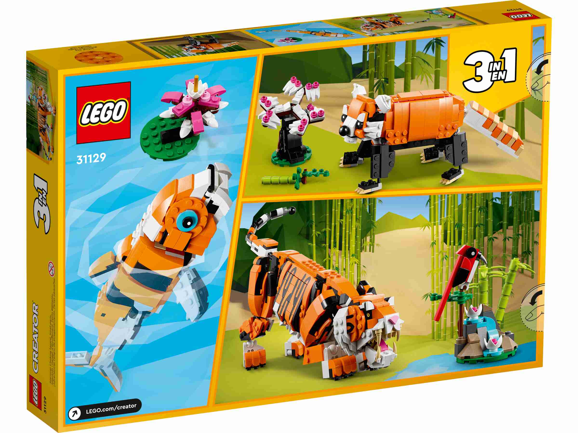 LEGO 31129 Creator Majestätischer Tiger, Panda oder Fisch, 3 in1 Tierfiguren-Set