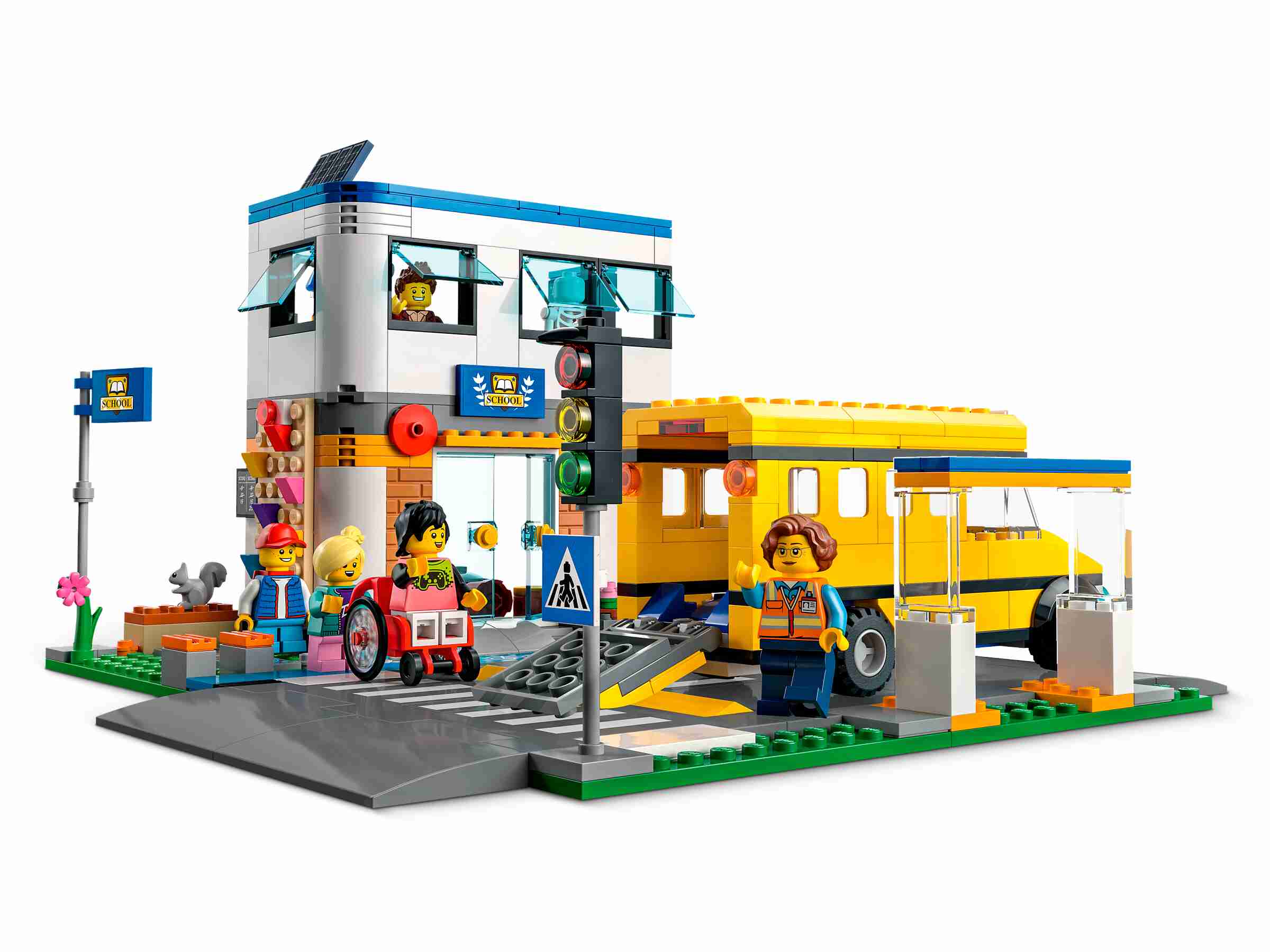 LEGO 60329 City Schule mit Schulbus, 2 Klassenzimmern und Straßenplatten