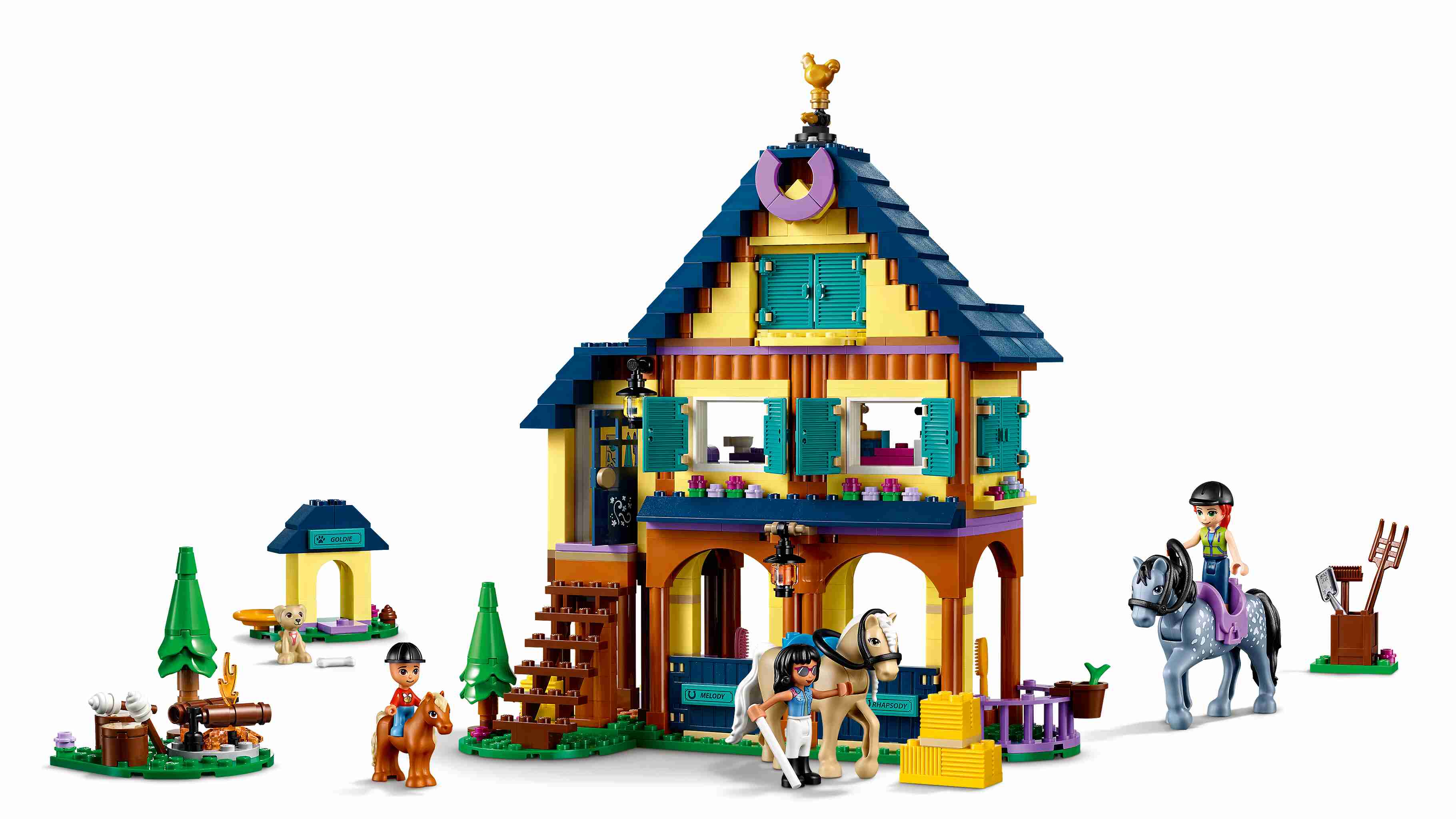 LEGO 41683 Friends Reiterhof im Wald, Pferdestall mit Pferden und Pony Figuren