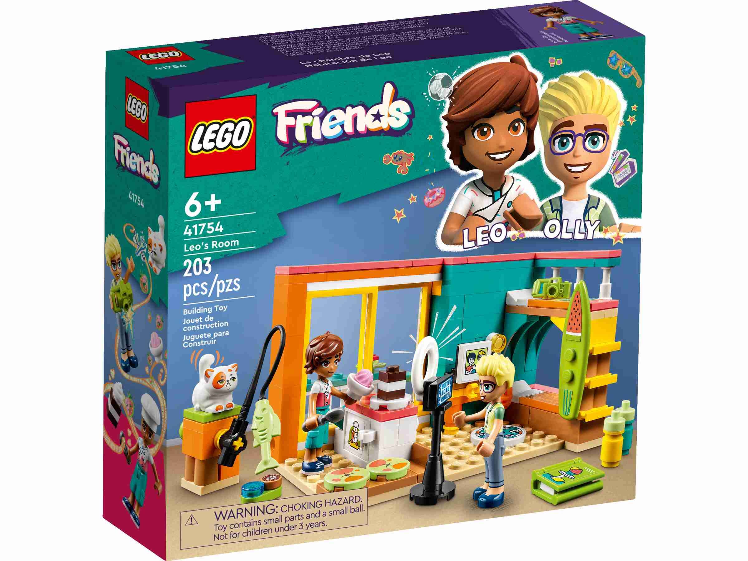 LEGO 41754 Friends Leos Zimmer, Spielfiguren Leo und Olly, Kätzchen Churro