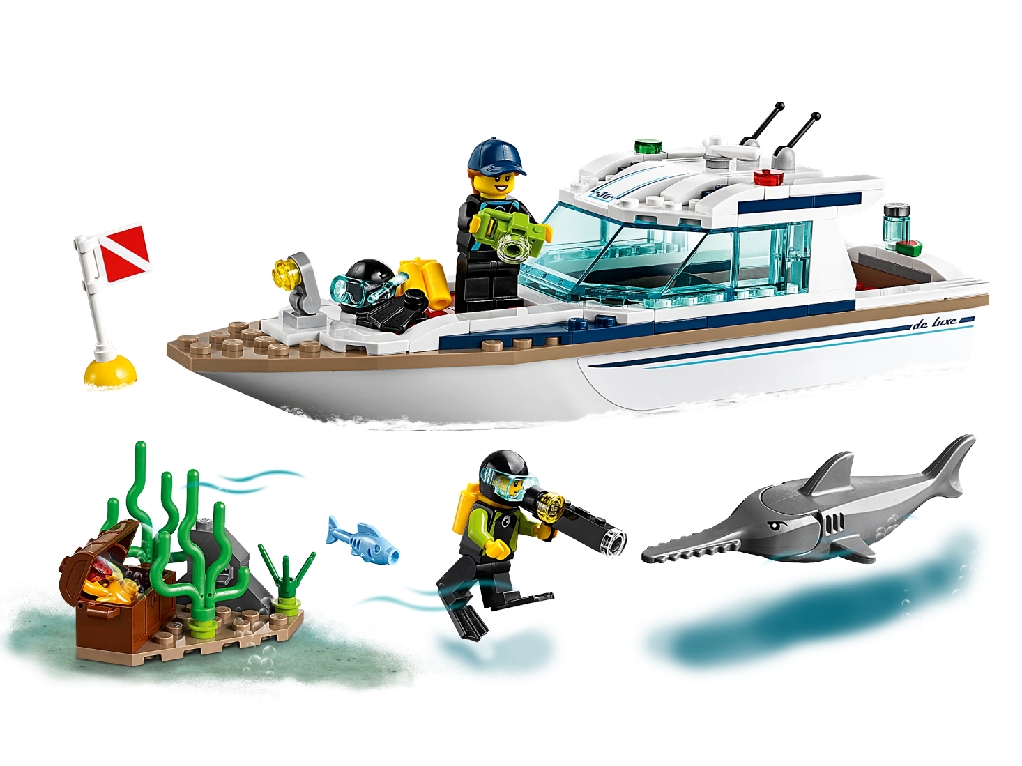 LEGO 60221 City Tauchyacht, Spielzeug mit 2 Taucher-Minifiguren, Meerestieren 