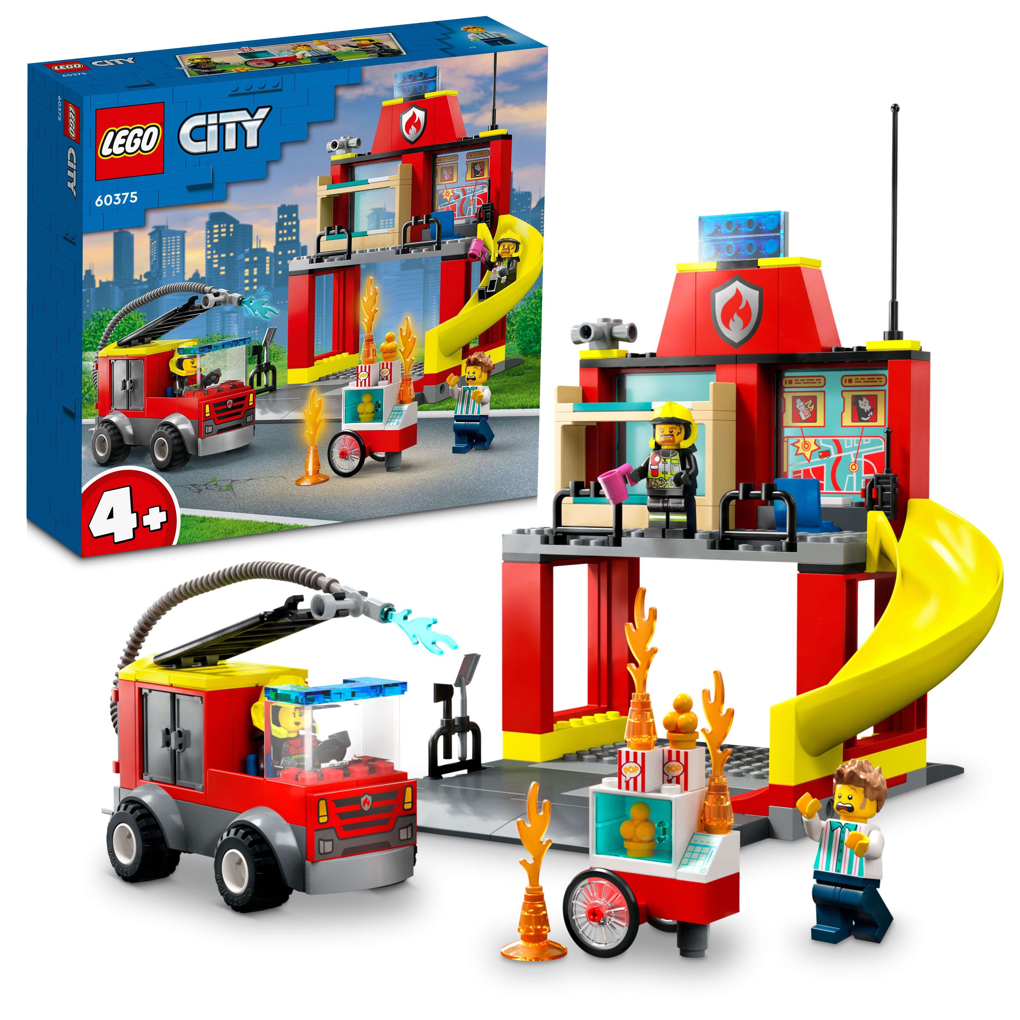 LEGO 60375 City Feuerwehrstation und Löschauto, 3 Minifiguren, Popcornwagen