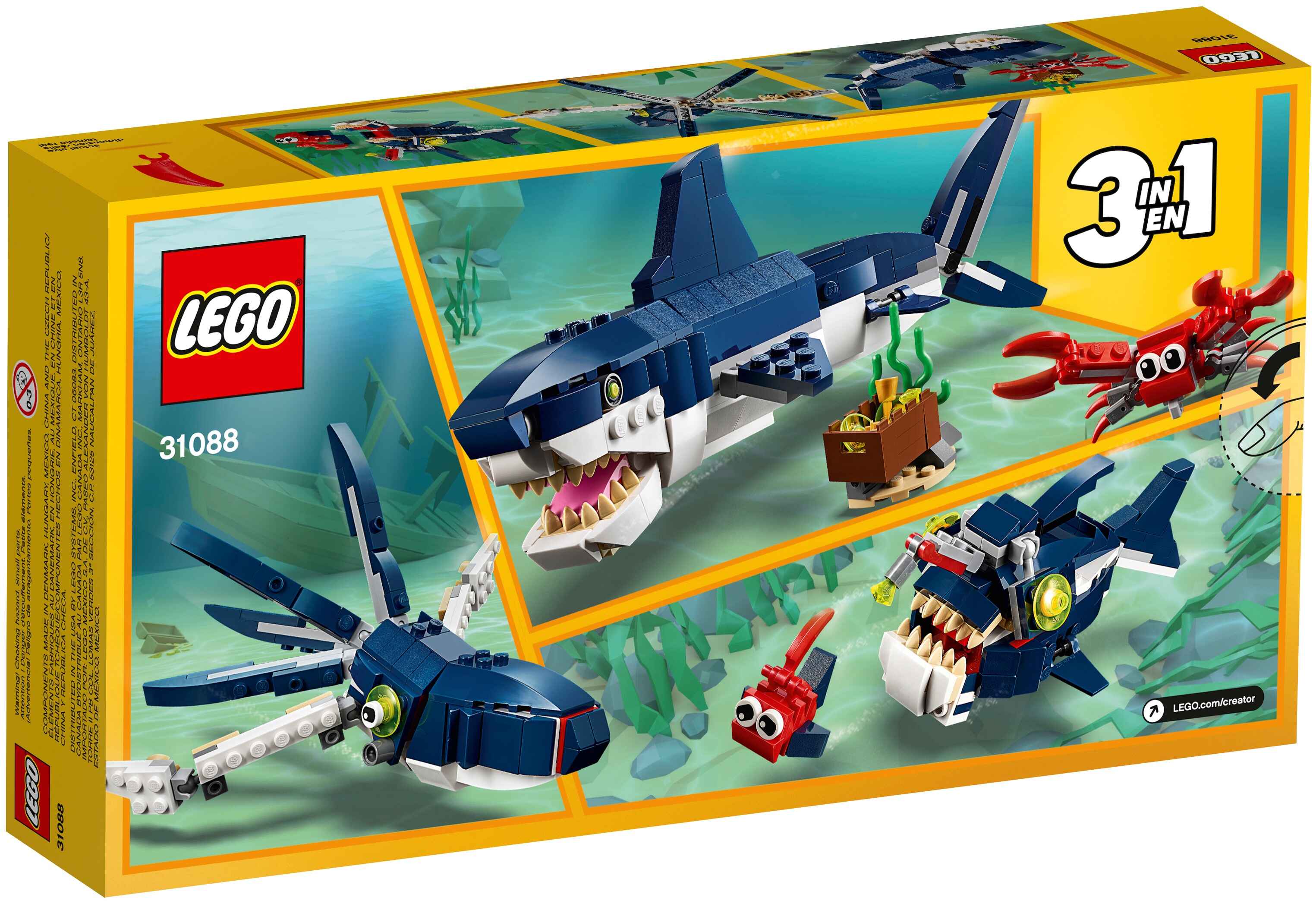 LEGO 31088 Creator 3-in-1 Bewohner der Tiefsee Set mit Hai, Krabbe + Schatztruhe