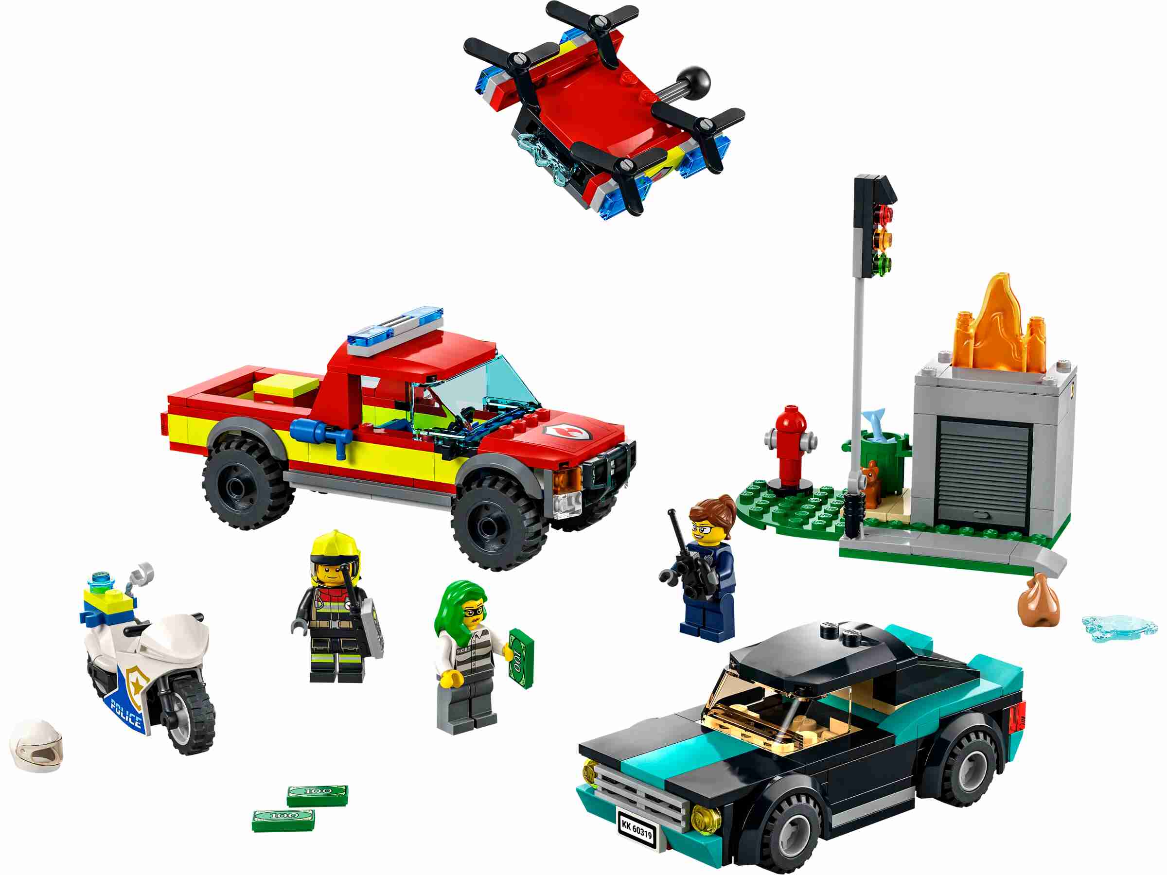 LEGO 60319 City Löscheinsatz und Verfolgungsjagd, Polizei mit Feuerwehrauto