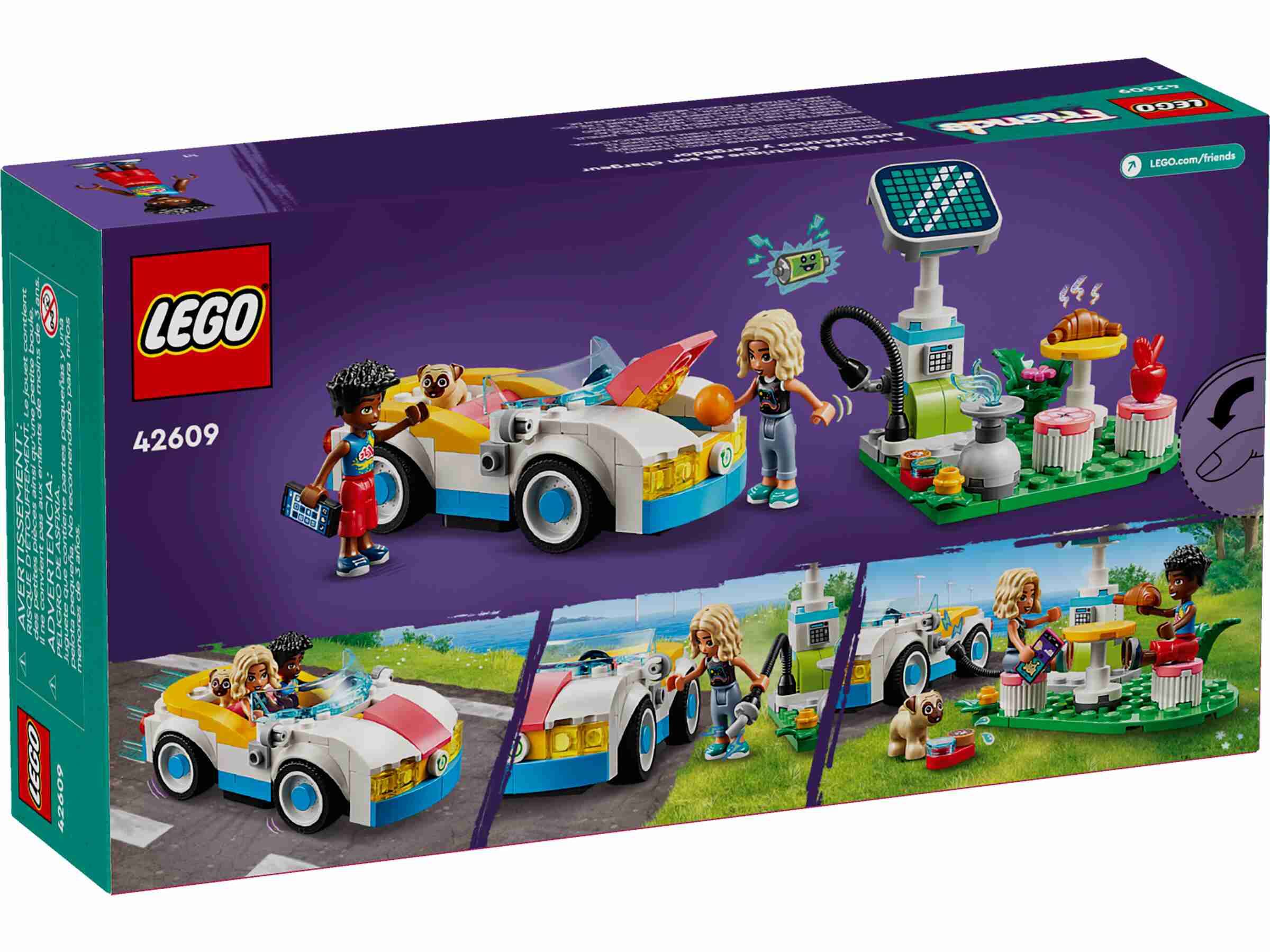 LEGO 42609 Friends E-Auto mit Ladestation, 2 Spielfiguren, Hund Dango, Picknick