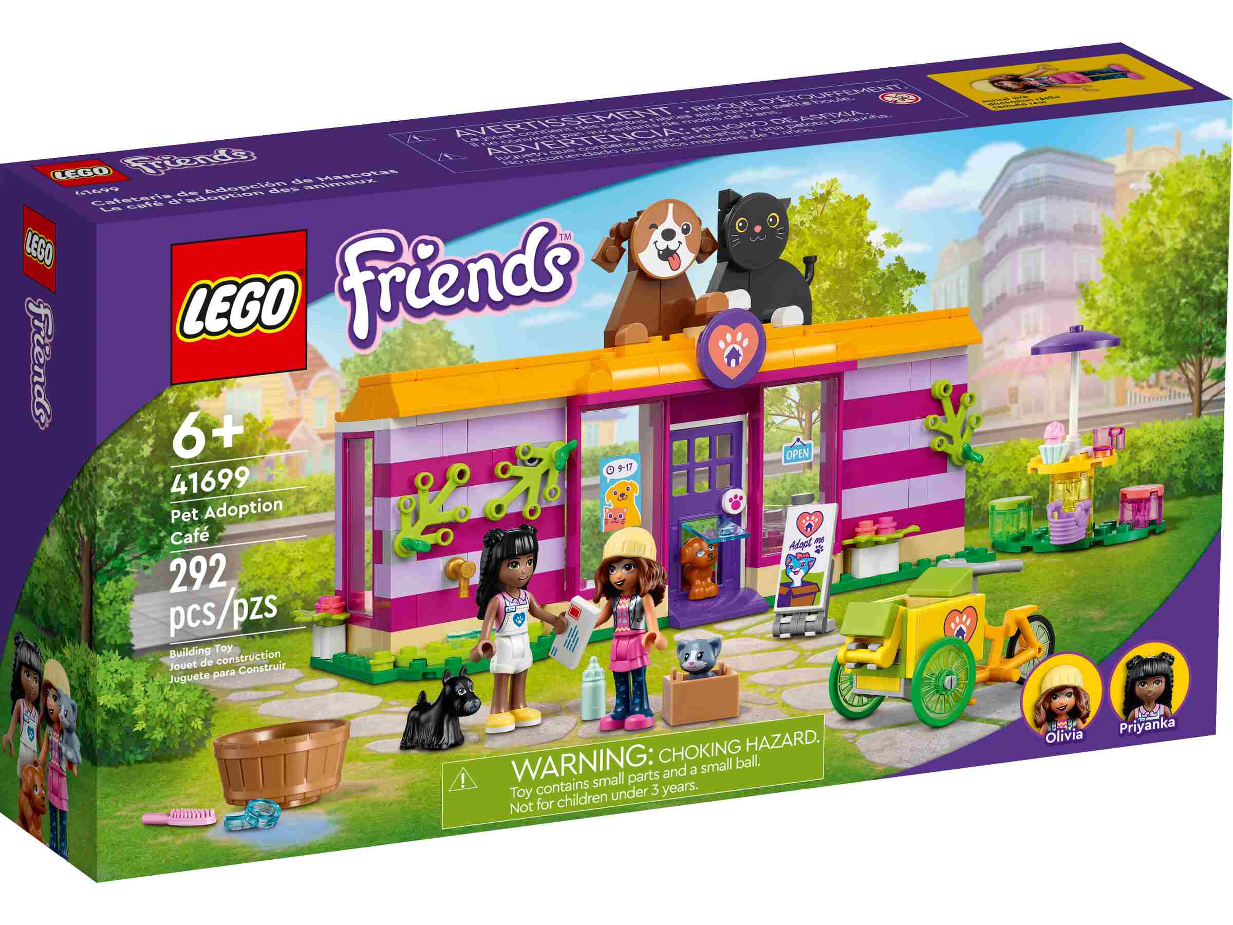 LEGO 41699 Friends Tieradoptionscafé, 2 Spielfiguren, 3 Tiere, Lastenfahrrad