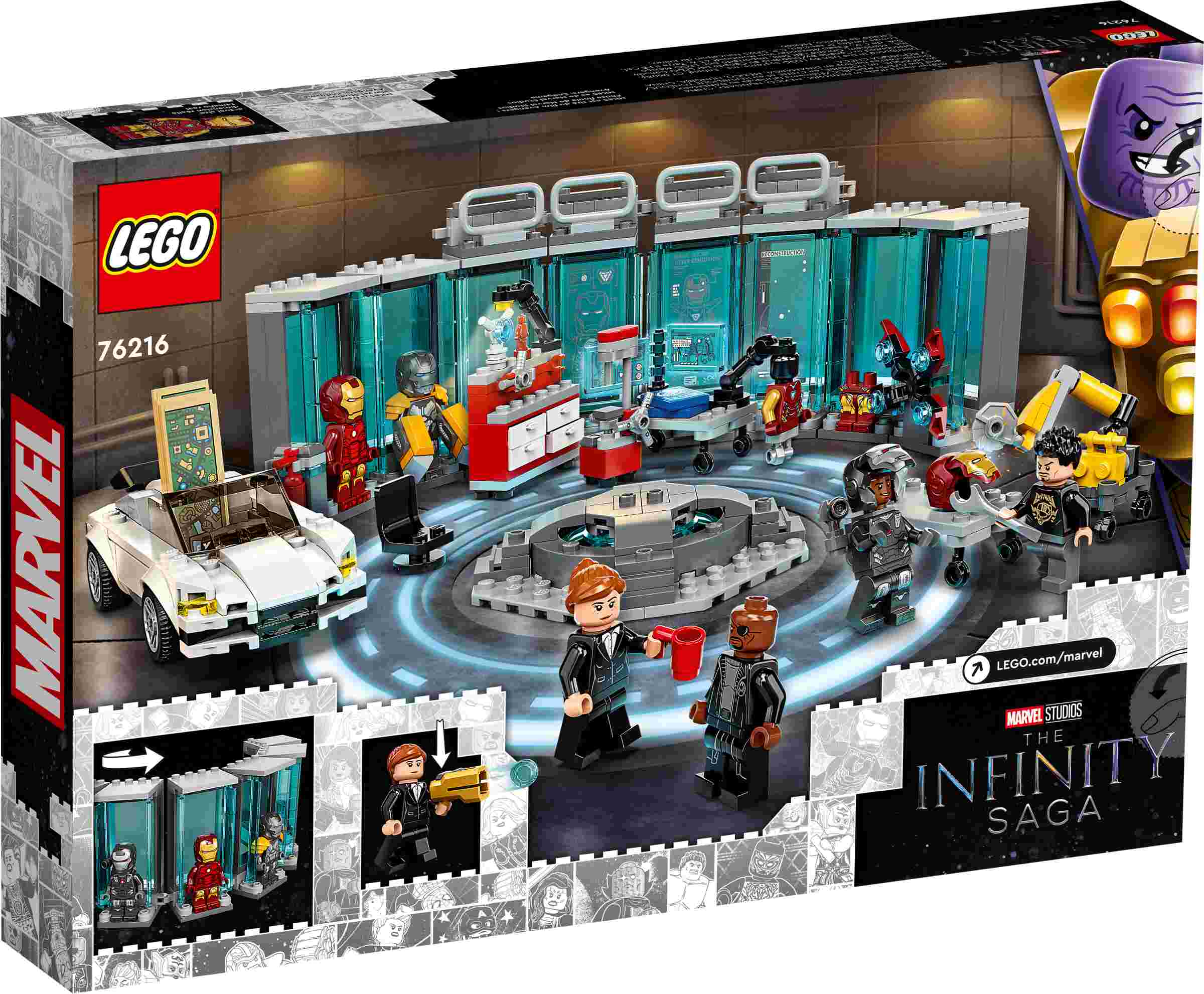 LEGO 76216 Marvel Iron Mans Werkstatt mit Anzügen, Spielzeug zum Bauen