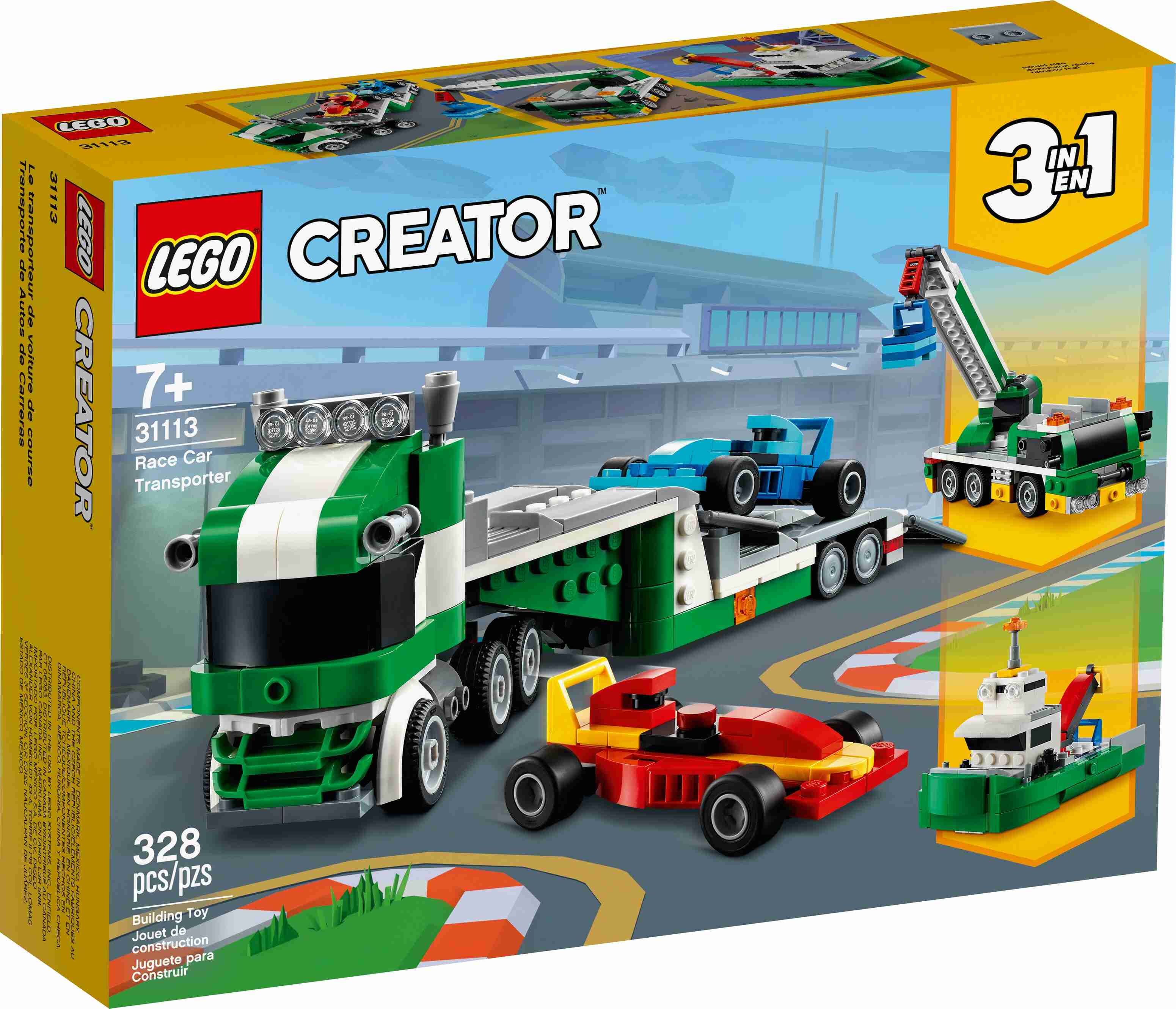 LEGO 31113 Creator 3-In-1 Rennwagentransporter LKW mit Anhänger, Kran und Boot